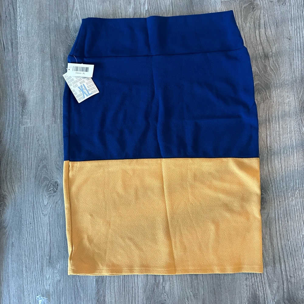 NWT LuLaRoe XL Cassie Blue and Mustard Colorblock Pencil Skirt
